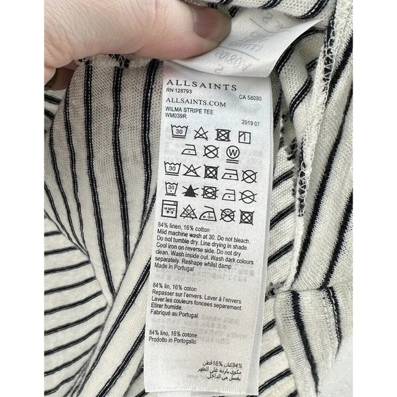 ALLSAINTS All Saints LINEN Cotton TOP T SHIRT Womens Striped Twist Hem S Relaxed - Picture 6 of 7